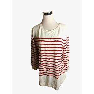 TALBOTS Red Ivory Bows w/jewels Striped Sweater Size Large cotton round neck